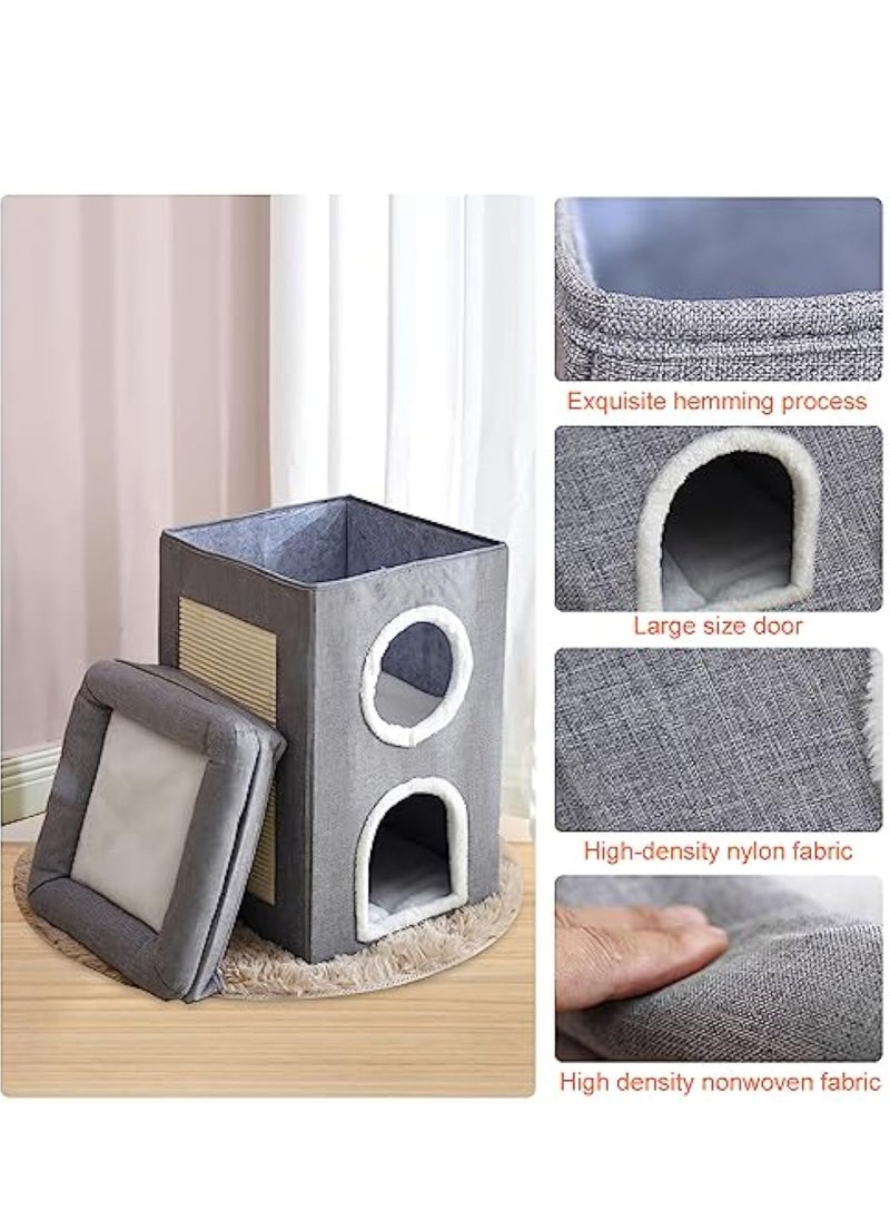 Cat House 2-in-1 Large Kitten Cave Foldable Pet Bed with Balcony and Cube Cat Scratching Pad Collapsible Kitty Hideaway Playground Pet Sleeping Cot Condo Tunnel Baby Cat Stool Play Center