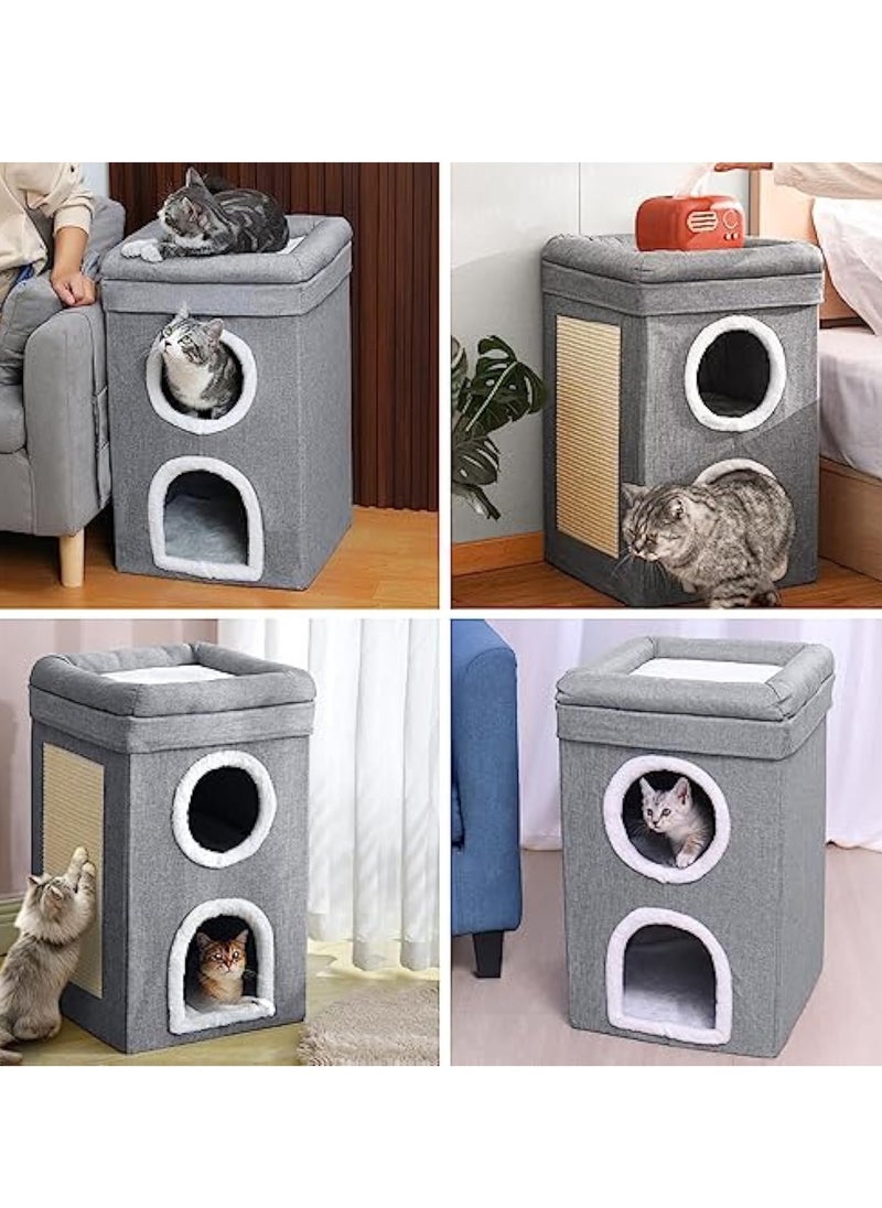 Cat House 2-in-1 Large Kitten Cave Foldable Pet Bed with Balcony and Cube Cat Scratching Pad Collapsible Kitty Hideaway Playground Pet Sleeping Cot Condo Tunnel Baby Cat Stool Play Center
