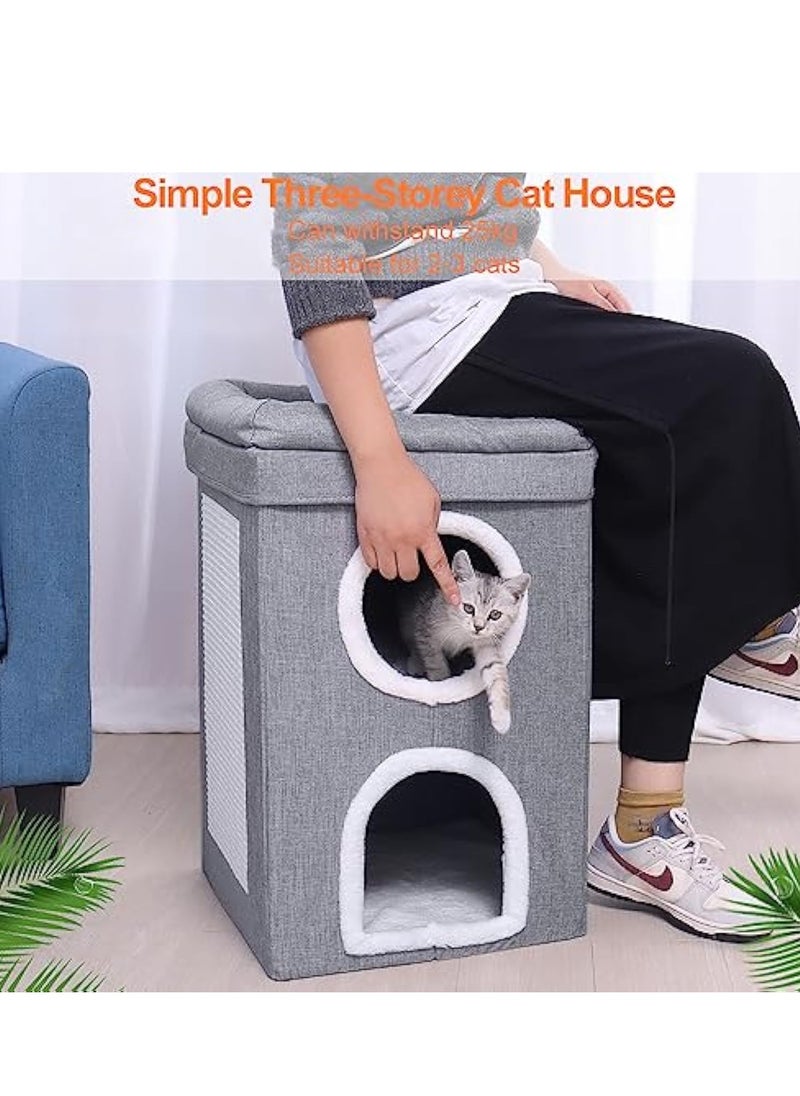 Cat House 2-in-1 Large Kitten Cave Foldable Pet Bed with Balcony and Cube Cat Scratching Pad Collapsible Kitty Hideaway Playground Pet Sleeping Cot Condo Tunnel Baby Cat Stool Play Center