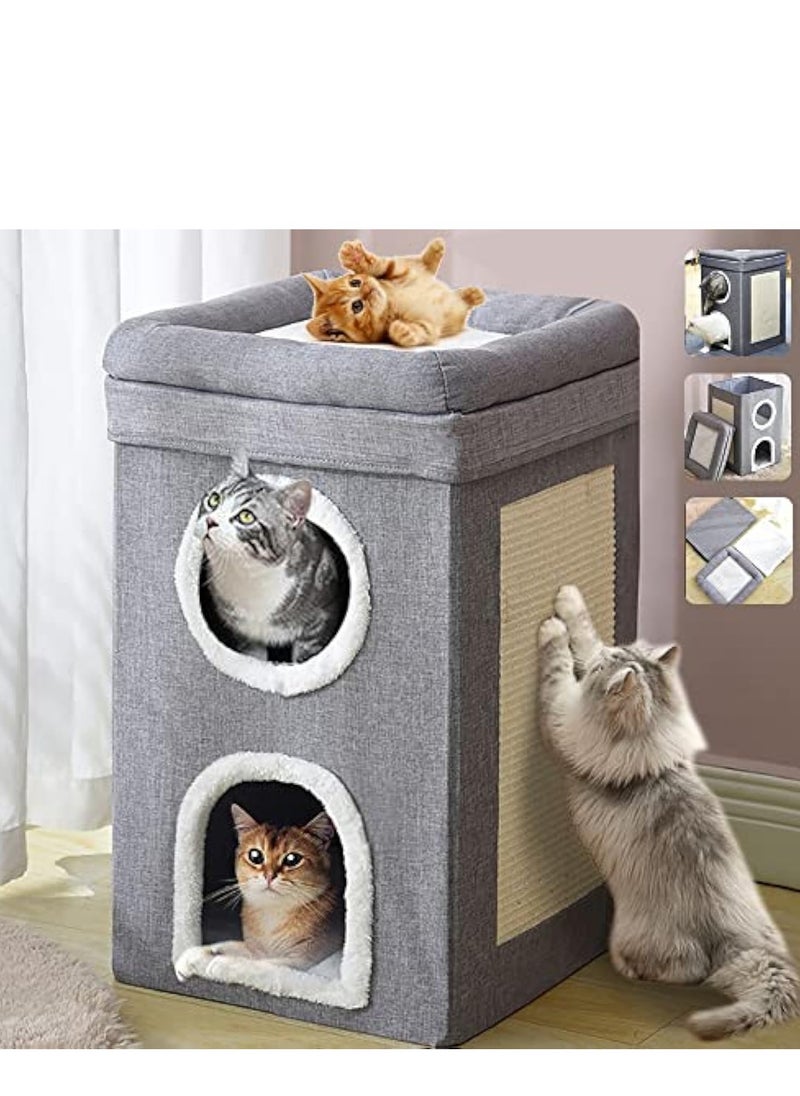 Cat House 2-in-1 Large Kitten Cave Foldable Pet Bed with Balcony and Cube Cat Scratching Pad Collapsible Kitty Hideaway Playground Pet Sleeping Cot Condo Tunnel Baby Cat Stool Play Center