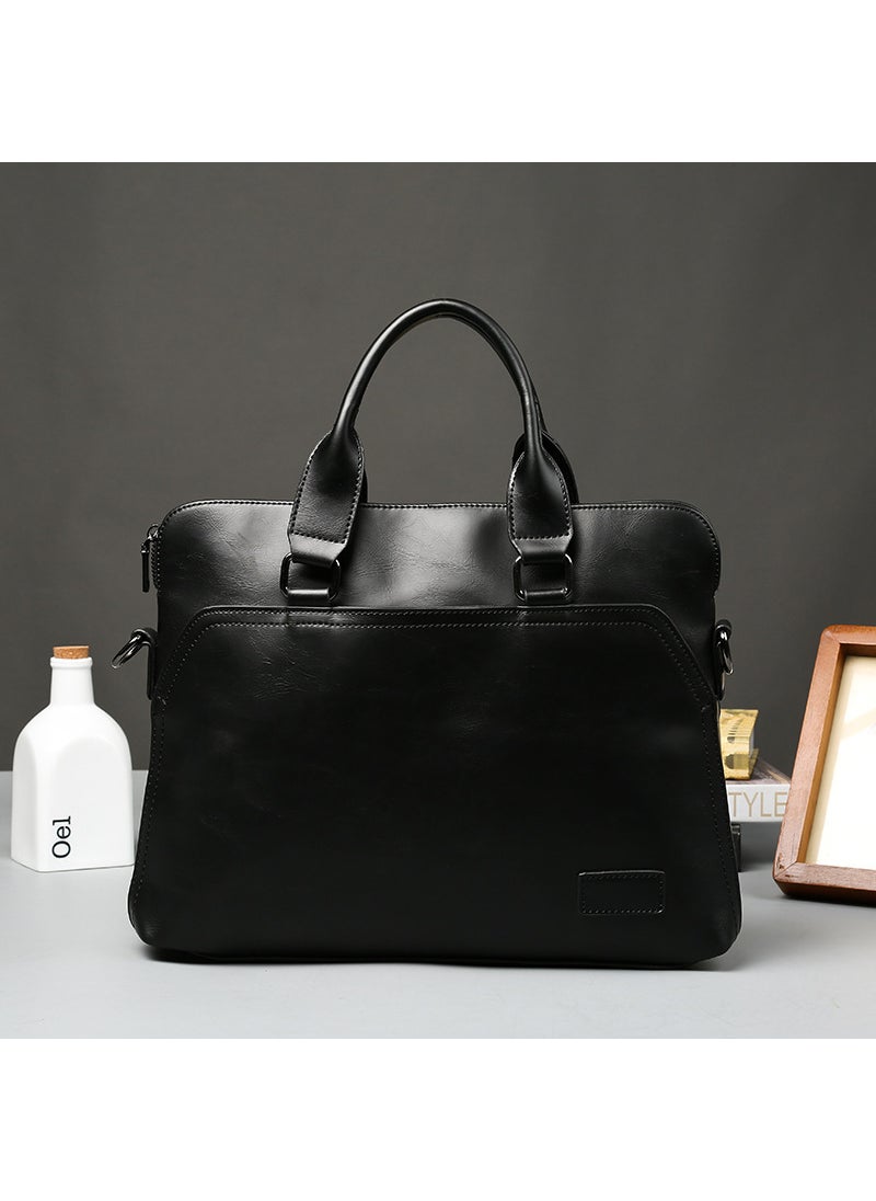 Korean Business Casual Briefcase Trendy Vintage PU Shoulder Bag Black-