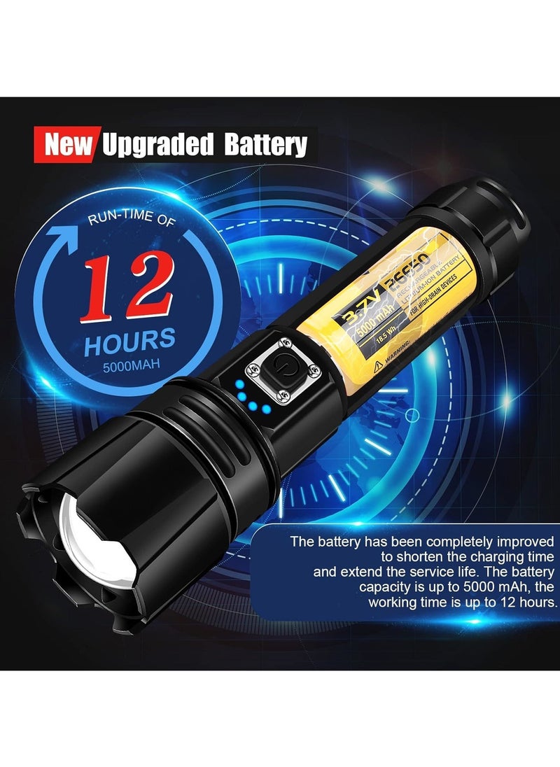 Rechargeable Flashlight Led | 15000 lumens Torch Light with XHP70.2 Chip | IP67 Waterproof & Zoomable Flashlight | Tactical Flashlight with 5 Lighting modes for Camping & Hiking with 5000 mAh Battery