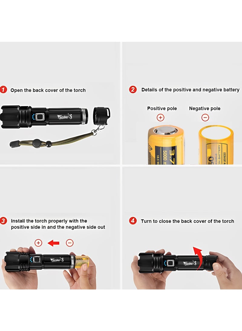 Rechargeable Flashlight Led | 15000 lumens Torch Light with XHP70.2 Chip | IP67 Waterproof & Zoomable Flashlight | Tactical Flashlight with 5 Lighting modes for Camping & Hiking with 5000 mAh Battery