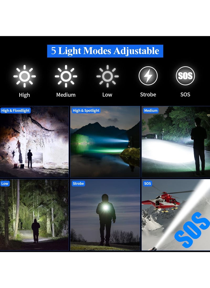 Rechargeable Flashlight Led | 15000 lumens Torch Light with XHP70.2 Chip | IP67 Waterproof & Zoomable Flashlight | Tactical Flashlight with 5 Lighting modes for Camping & Hiking with 5000 mAh Battery