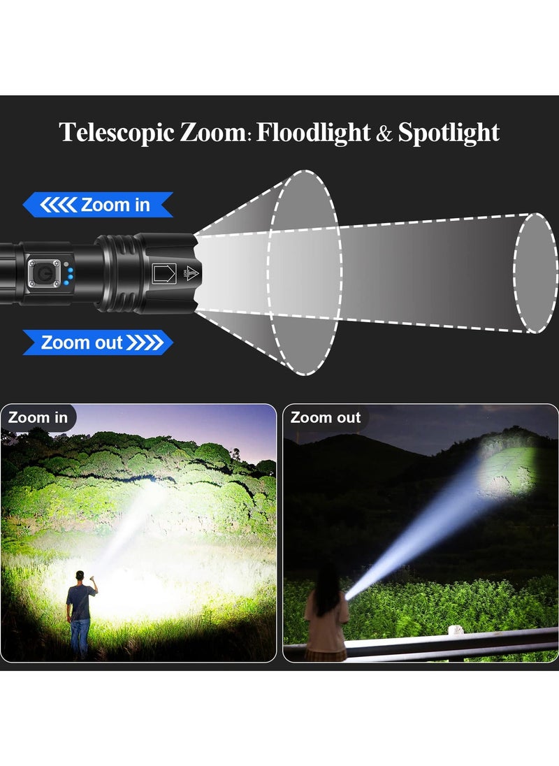 Rechargeable Flashlight Led | 15000 lumens Torch Light with XHP70.2 Chip | IP67 Waterproof & Zoomable Flashlight | Tactical Flashlight with 5 Lighting modes for Camping & Hiking with 5000 mAh Battery