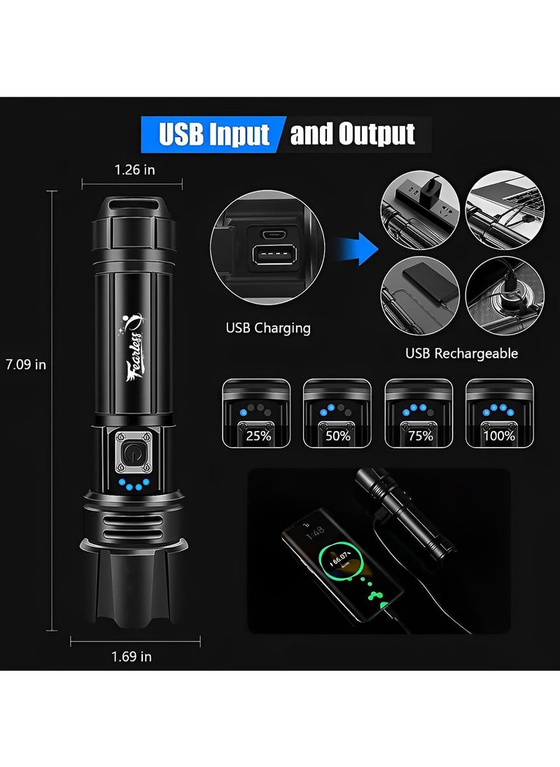 Rechargeable Flashlight Led | 15000 lumens Torch Light with XHP70.2 Chip | IP67 Waterproof & Zoomable Flashlight | Tactical Flashlight with 5 Lighting modes for Camping & Hiking with 5000 mAh Battery