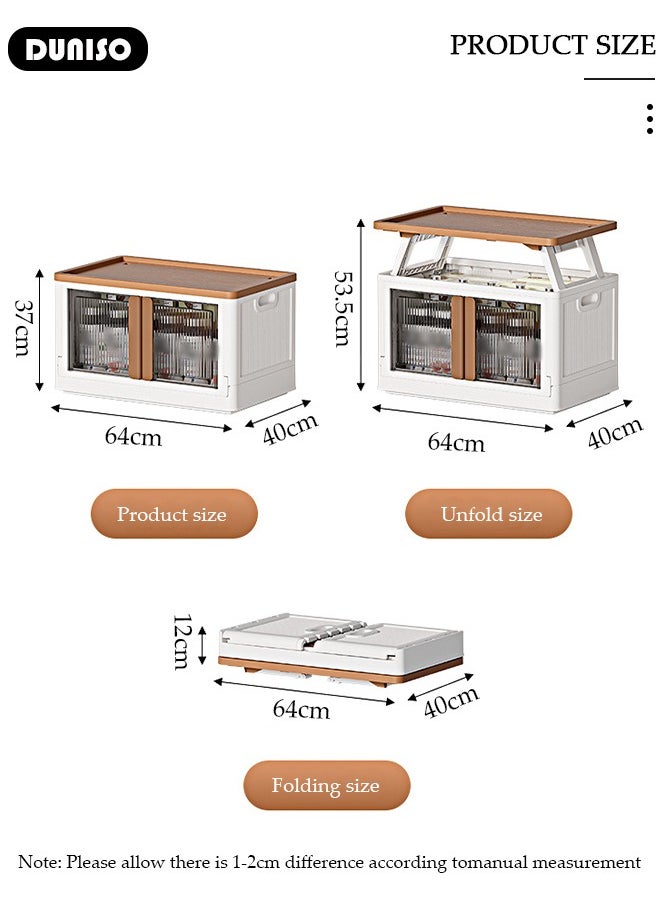 Foldable Camping Storage Box, Outdoor Storage Bin with Wooden Lid, Tough Plastic Storage Container, 2 IN 1 Picnic Table Storage Case with Wooden Egg Roll Table Board,Lightweight Storage Crate for Car, Toys, Camping, Picnic