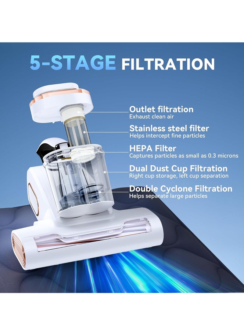 Bed Vacuum Cleaner Mattress Vacuum with 16Kpa Suction 253.7nm UV-C Light, 35000 RPM/Min Dual Brushroll Rotation & HEPA Filter & Heating & Ultrasonic Tech, 100W, Corded