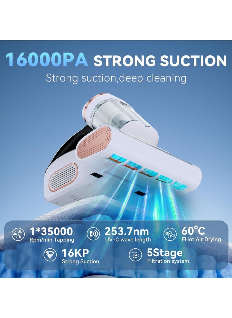 Bed Vacuum Cleaner Mattress Vacuum with 16Kpa Suction 253.7nm UV-C Light, 35000 RPM/Min Dual Brushroll Rotation & HEPA Filter & Heating & Ultrasonic Tech, 100W, Corded