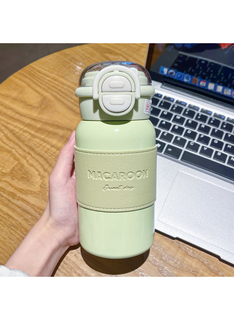 Simple Solid Color Thermos Cup Large Capacity Double Drinking Cup with Cup Cover Portable Suction Cup Student Sports Drinking Cup Green