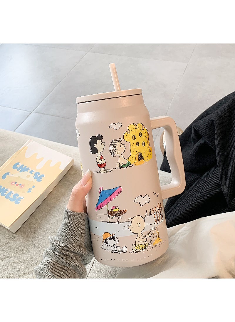 1 x 5 pcs Large Capacity Snoopy Thermal Mug with Straw light brown