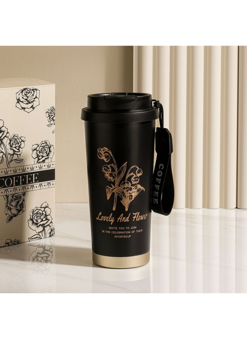 316 Stainless Steel Insulated Mug Gift for Outdoor Adventures Black (lily of the valley)