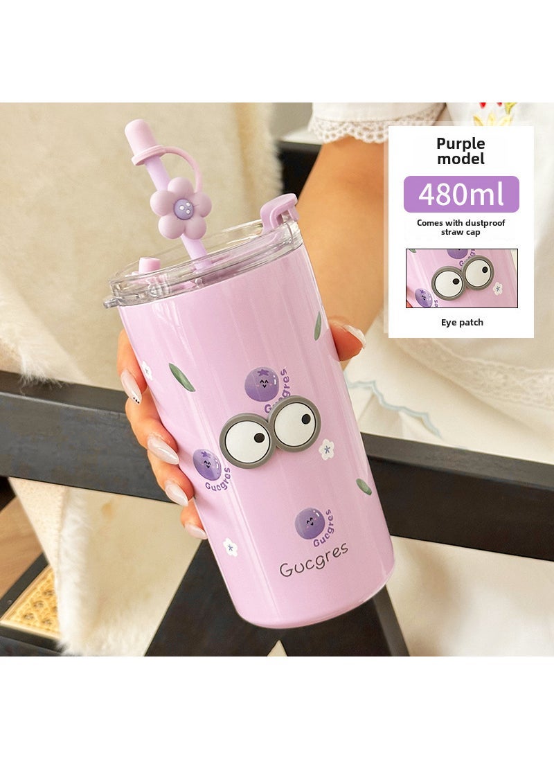 Camping Bear Stylish Stainless Mug With Straw Purple blueberry + eye patch + cup brush