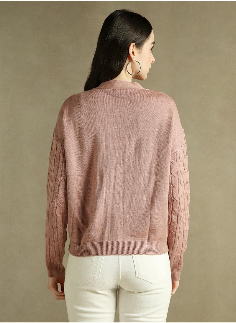 Women's Pink 100% Acrylic Solid Regular Fit Sweater