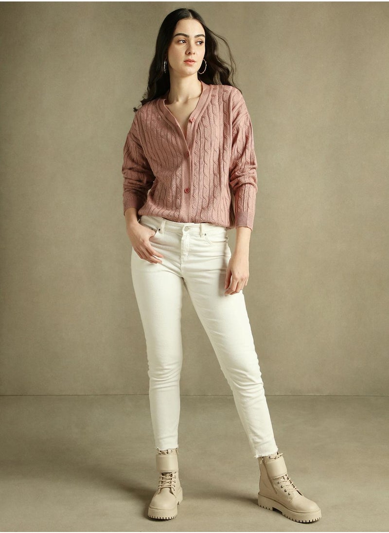 Women's Pink 100% Acrylic Solid Regular Fit Sweater