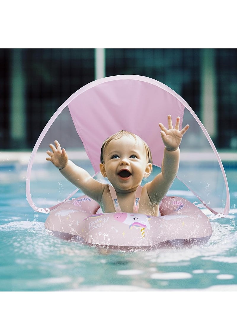 Free Swimming Baby Infant Pool Float with Sun Canopy Size Improved,Baby Floatie with Sponge Safety Bottom Support Water Toys Swim Trainer for Age of 3-36 Months