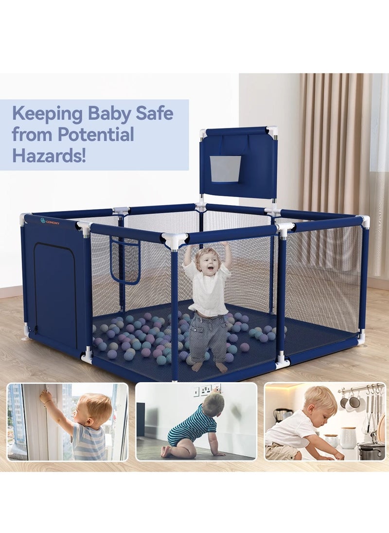 Happy Game Fence Portable Playpen for Children Safety Playpen for Kids Blue Playpen Indoor and Outdoor Use Folding Fence for Toddlers Easy Fold Safety Play Yard for Baby Enclosed Pen for Small Children Yard Pen for Kids Safe Baby Corral Crib Divider Exercise Pen for Toddler With 30 Balls