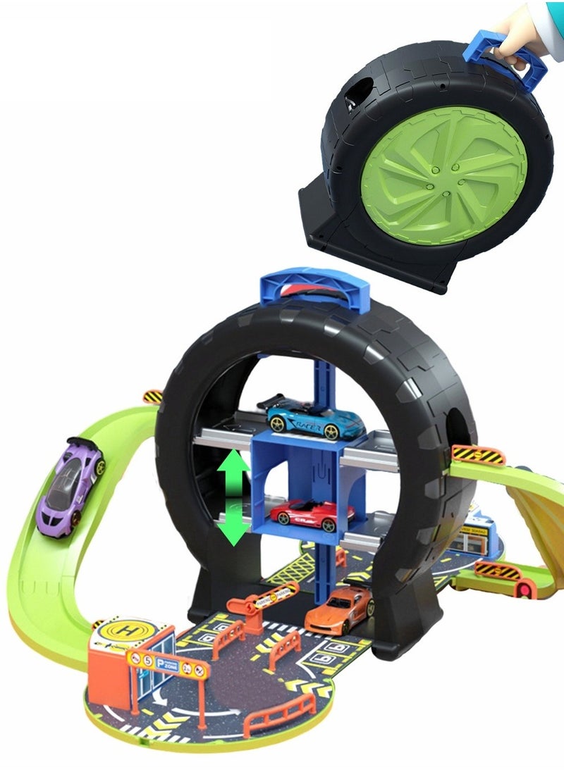 Parking Set Toy With Four Alloy Cars, Detachable Track Toy Car Set