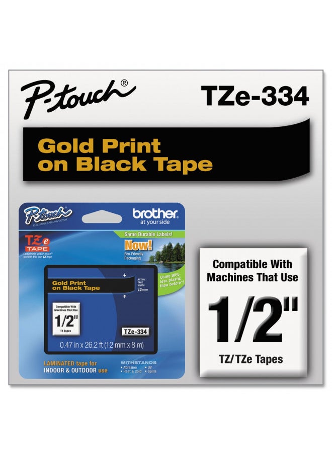 Brother TZE334 TZe Standard Adhesive Laminated Labeling Tape, 1/2-Inch w, Gold on Black