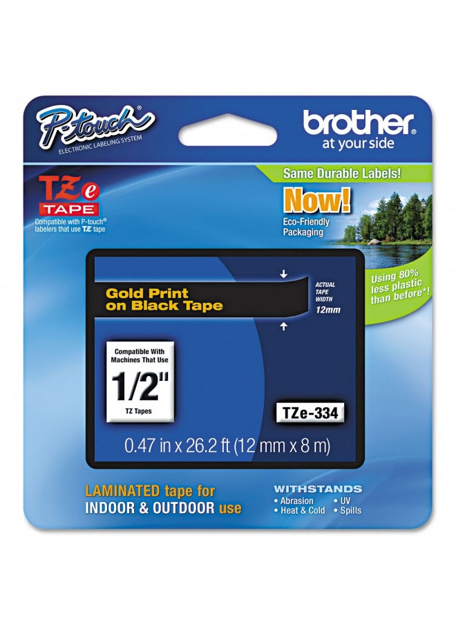 Brother TZE334 TZe Standard Adhesive Laminated Labeling Tape, 1/2-Inch w, Gold on Black