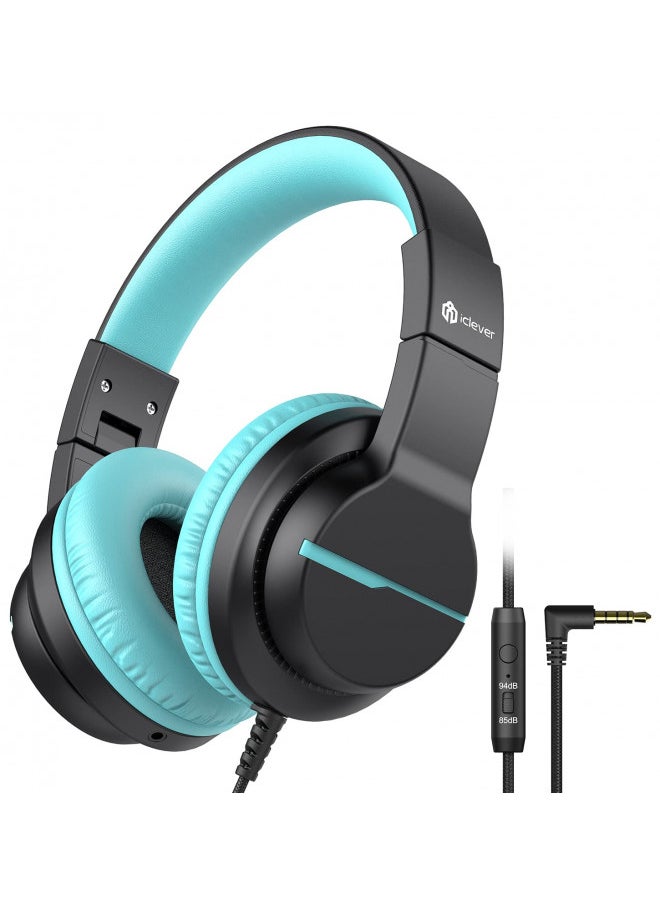 iClever HS19 Kids Headphones with Microphone for School, Volume Limiter 85/94dB, Over-Ear Girls Boys Headphones for Kids with Shareport, Foldable Wired Headphones for iPad/Travel (Black)