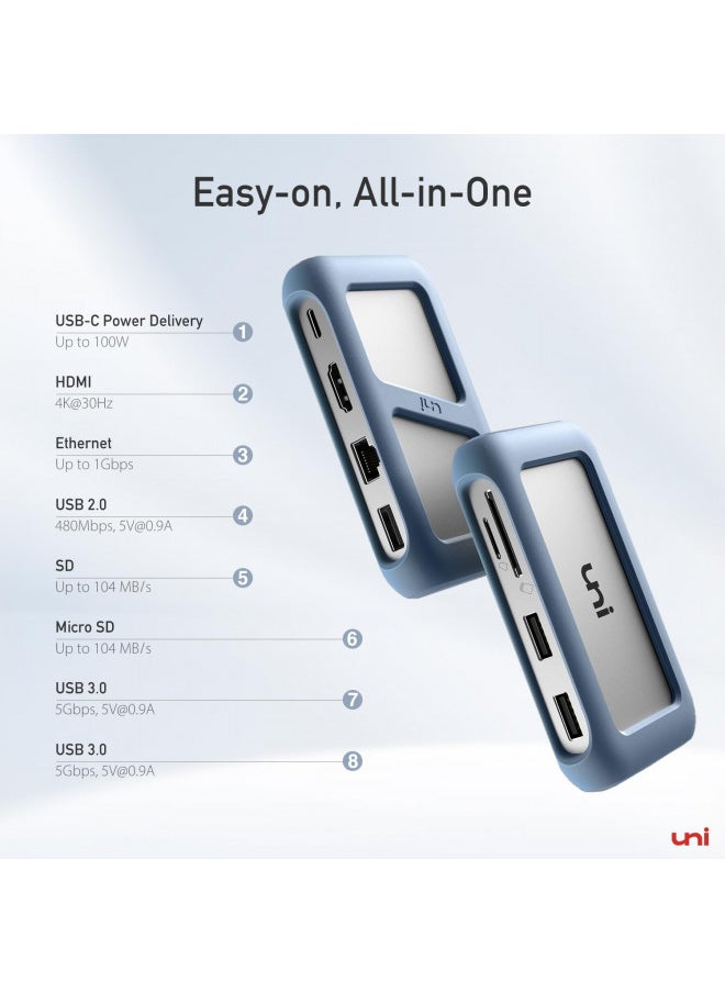 USB C Hub, uni USB Type C 8 in 1 Hub with Detachable Connector, 4K HDMI, Ethernet, SD/MicroSD Card Reader, Up to 100W, Compatible for MacBook Pro 2021, iPad Pro 2021, Galaxy S22/S21 & More