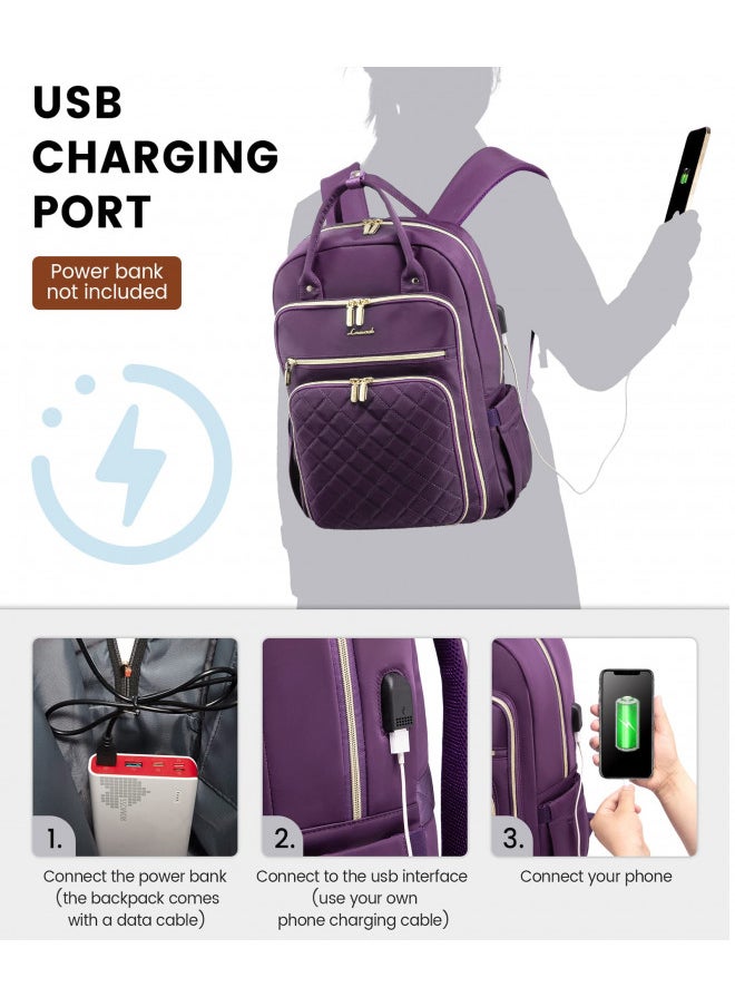 LOVEVOOK Women's Laptop Backpack, Purple, 27-Liter Capacity, Stylish Design, Secure Laptop Storage, USB Charging, Anti-Theft Pockets, Comfortable Straps