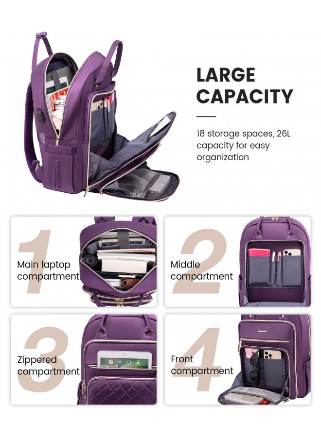 LOVEVOOK Women's Laptop Backpack, Purple, 27-Liter Capacity, Stylish Design, Secure Laptop Storage, USB Charging, Anti-Theft Pockets, Comfortable Straps