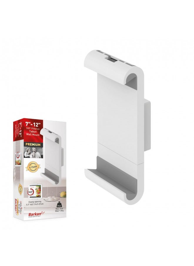 Barkan 7-12 inch Fixed Tablet Wall Mount 3 lbs White Firm Tablet Clamp 360 Degree Rotation Very Low Profile 5 Year Warranty
