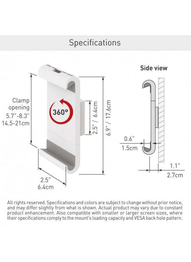 Barkan 7-12 inch Fixed Tablet Wall Mount 3 lbs White Firm Tablet Clamp 360 Degree Rotation Very Low Profile 5 Year Warranty