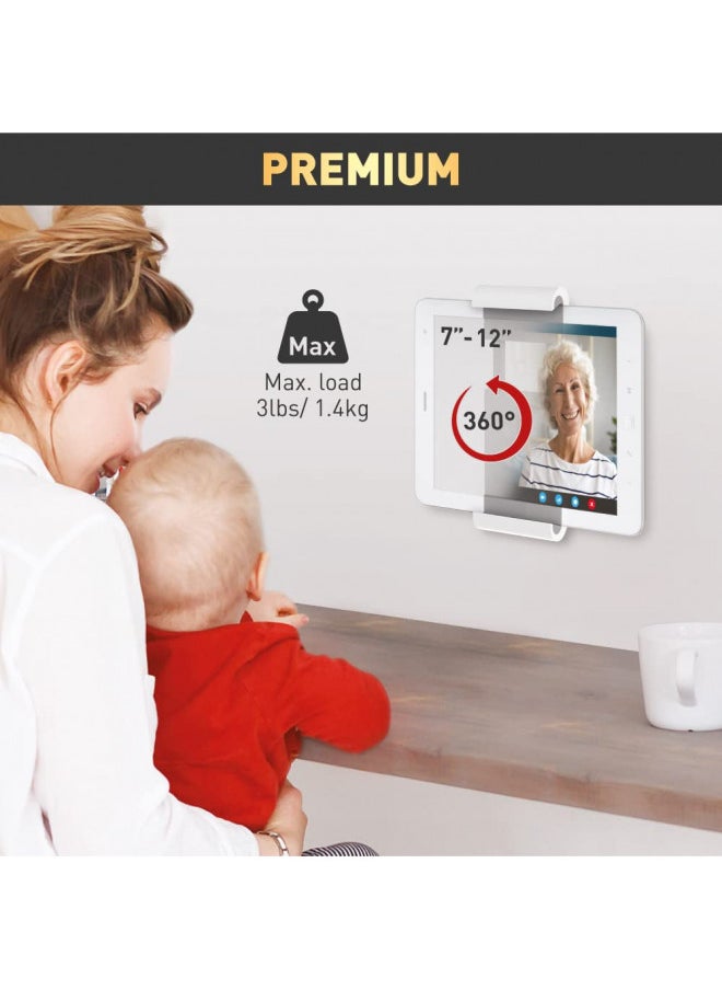 Barkan 7-12 inch Fixed Tablet Wall Mount 3 lbs White Firm Tablet Clamp 360 Degree Rotation Very Low Profile 5 Year Warranty