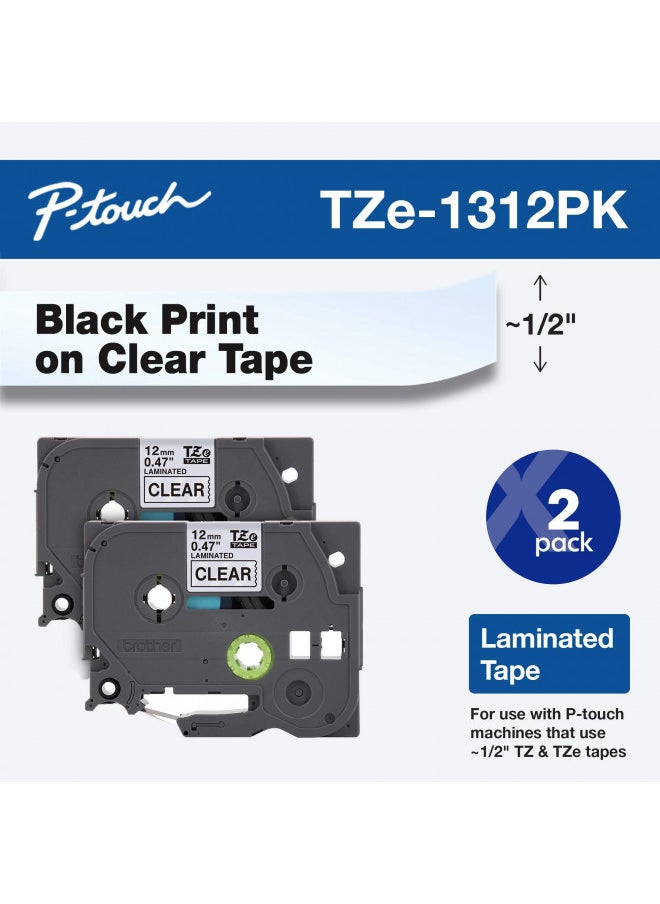 Brother Tape, Retail Packaging, 1/2 Inch, Black on Clear,2 Pack (TZe1312pk)