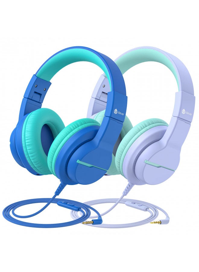 iClever Kids Headphones for School/Travel with Safe Volume 85/94dB, HS19 Stereo Sound Over-Ear Headphones for Kids with Mic FunShare, Foldable 3.5mm Wired Headphones for iPad/Computer, 2 Pack
