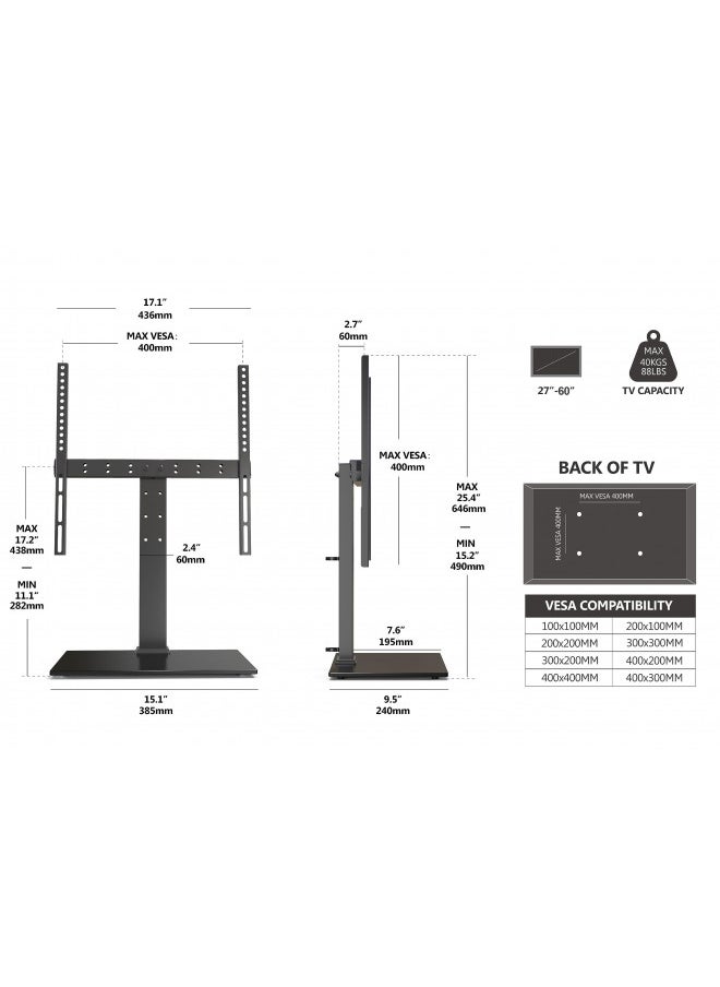 FITUEYES Universal TV Stand for 27-60 Inch TVs Height Adjustable Table Top TV Stand Mount with empered Glass Base, Holds 88lbs, Max VESA 400x400mm,Black