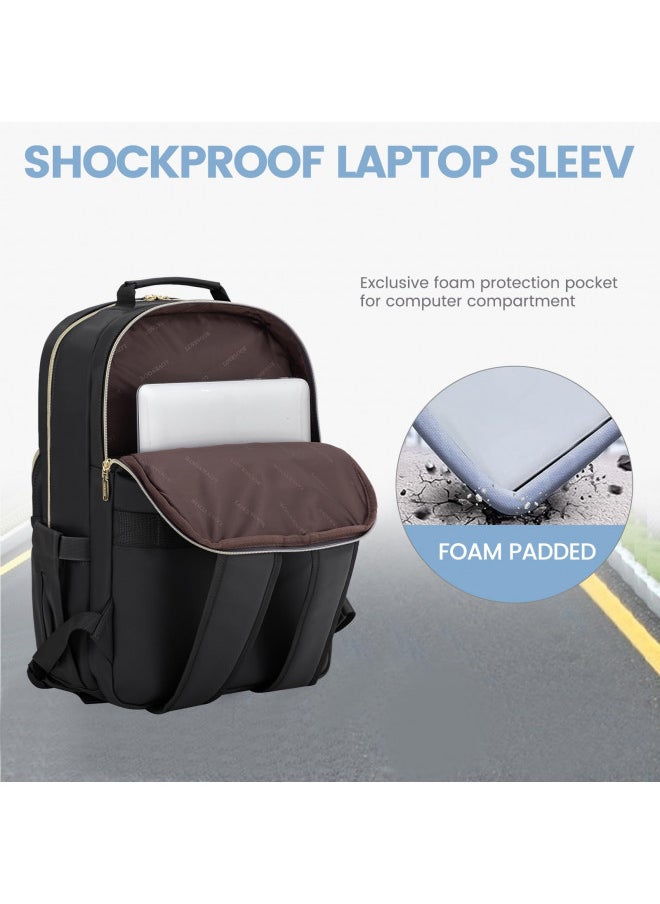LOVEVOOK Leather Backpack for Women,17.3 inch Leather Laptop Backpack Women Computer Backpack Laptop Bag,Stylish Quilted Travel Backpack Purse Work Bag College Teacher Backpack with USB Port,Black