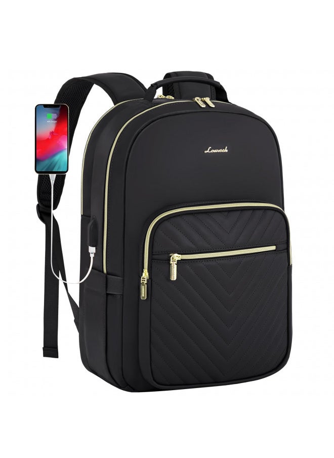 LOVEVOOK Leather Backpack for Women,17.3 inch Leather Laptop Backpack Women Computer Backpack Laptop Bag,Stylish Quilted Travel Backpack Purse Work Bag College Teacher Backpack with USB Port,Black