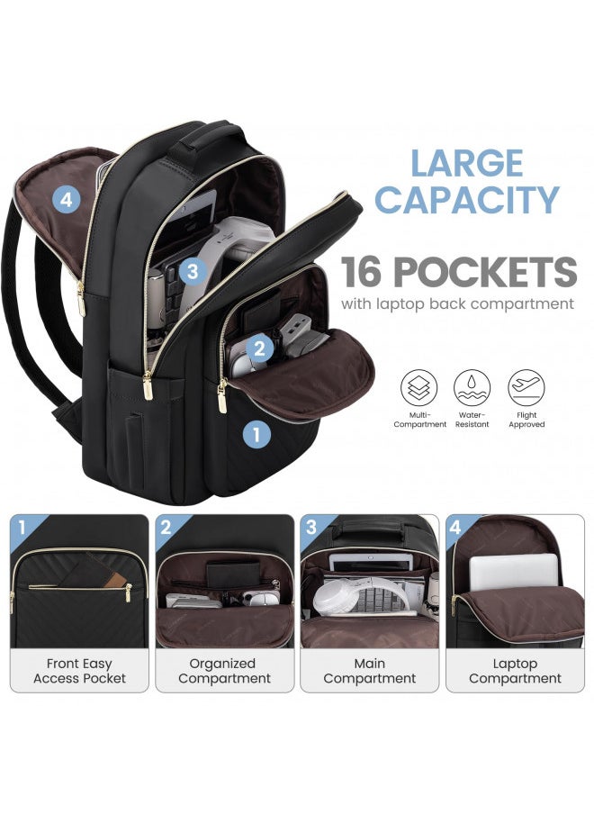 LOVEVOOK Leather Backpack for Women,17.3 inch Leather Laptop Backpack Women Computer Backpack Laptop Bag,Stylish Quilted Travel Backpack Purse Work Bag College Teacher Backpack with USB Port,Black