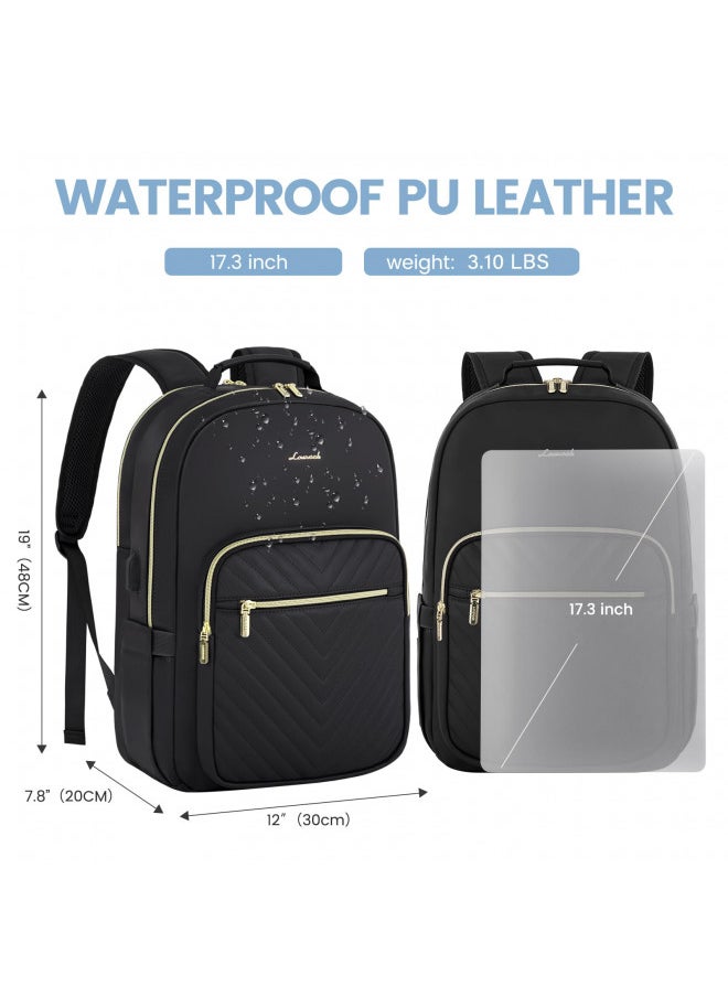 LOVEVOOK Leather Backpack for Women,17.3 inch Leather Laptop Backpack Women Computer Backpack Laptop Bag,Stylish Quilted Travel Backpack Purse Work Bag College Teacher Backpack with USB Port,Black