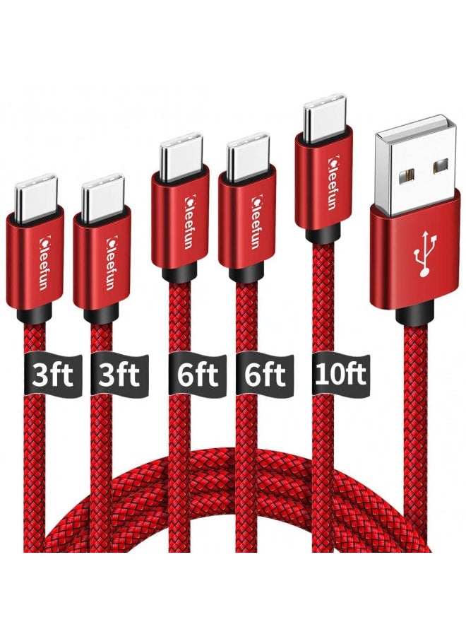 CLEEFUN USB C Cable, USB to USB C Cable Braided, [5 Pack, 3/3/6/6/10 ft] Type C Charger Fast Charging Cable for iPhone 15 Pro Max/Pro/Plus, for Samsung Galaxy S24 S23 S22 S21 S20 Ultra S10, Moto,Pixel