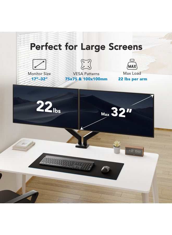 HUANUO Dual Monitor Mount for 2 Monitors up to 32 inches, Each Arm Holds Max 22lbs, Dual Monitor Stand with Gas Spring System, Height-Adjustable/Tilt/Swivel/Rotate, VESA Standard 75mm or 100mm