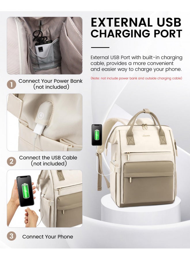LOVEVOOK Laptop Backpack for Women, 17 Inch Work Teacher Nurse Bag, Large Capacity Business Computer Backpack Purse with USB Port, Stylish Casual Daypack for Travel,Beige&Khaki
