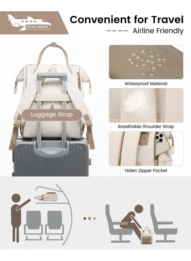 LOVEVOOK Laptop Backpack for Women, 17 Inch Work Teacher Nurse Bag, Large Capacity Business Computer Backpack Purse with USB Port, Stylish Casual Daypack for Travel,Beige&Khaki