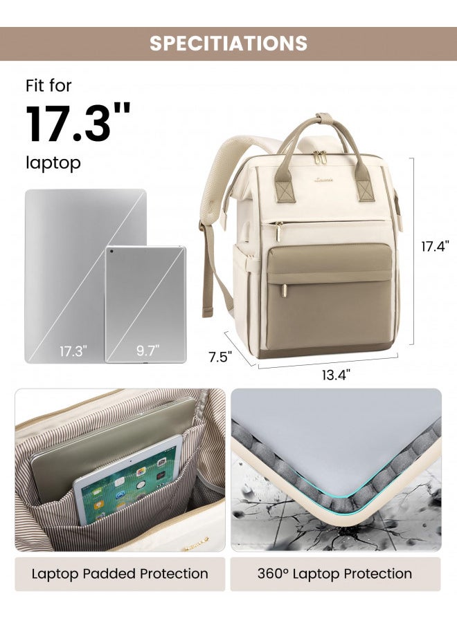 LOVEVOOK Laptop Backpack for Women, 17 Inch Work Teacher Nurse Bag, Large Capacity Business Computer Backpack Purse with USB Port, Stylish Casual Daypack for Travel,Beige&Khaki