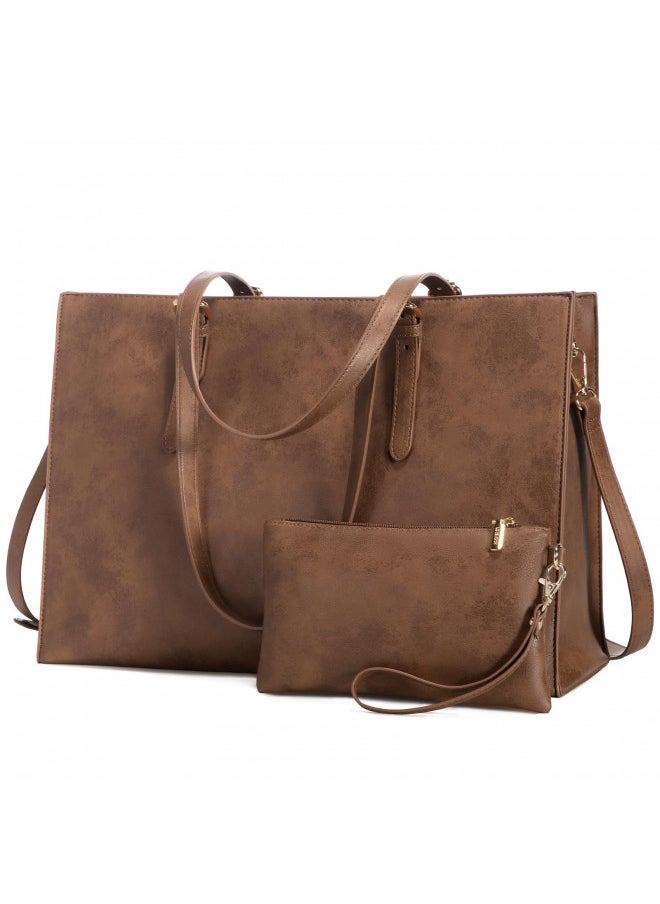 LOVEVOOK Laptop Bag for Women, Vintage Leather Works Computer Tote Bag, 15.6-Inch Large Capacity Shoulder Bag Set with Clutch Purse, Professional Business Briefcase for Office Lady, 2Pcs, Brown