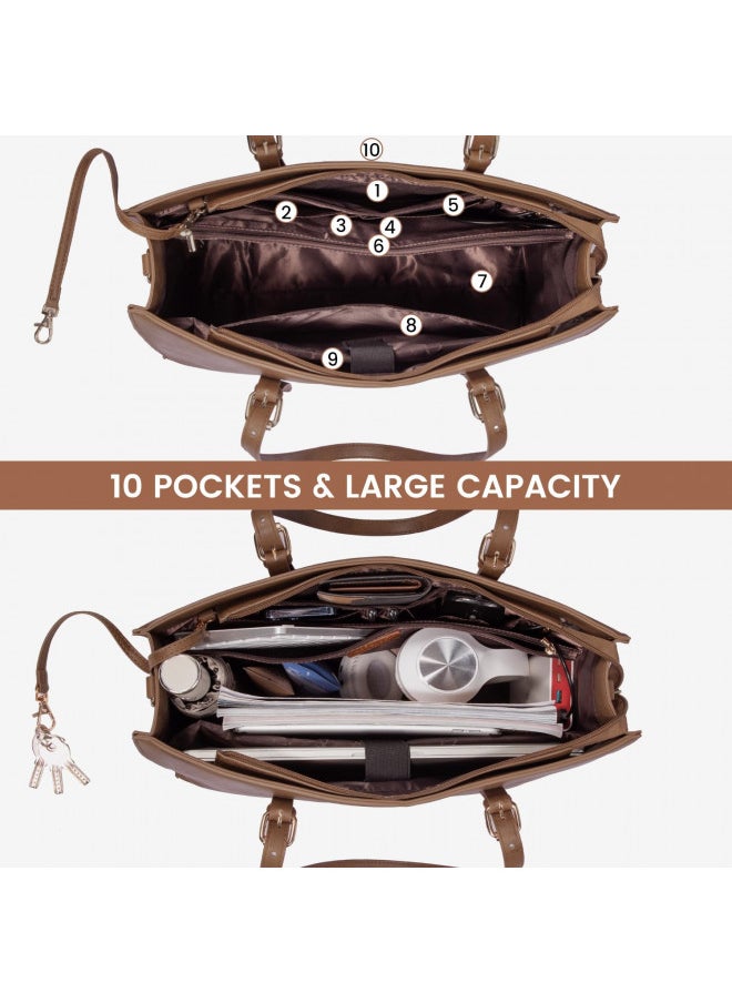 LOVEVOOK Laptop Bag for Women, Vintage Leather Works Computer Tote Bag, 15.6-Inch Large Capacity Shoulder Bag Set with Clutch Purse, Professional Business Briefcase for Office Lady, 2Pcs, Brown