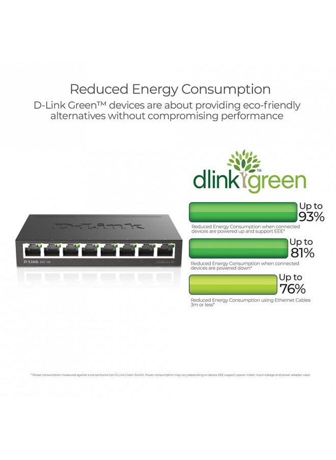 D-Link Ethernet Switch, 8 Port Gigabit Unmanaged Metal Fanless Desktop or Wall Mount Design (DGS-108), Black