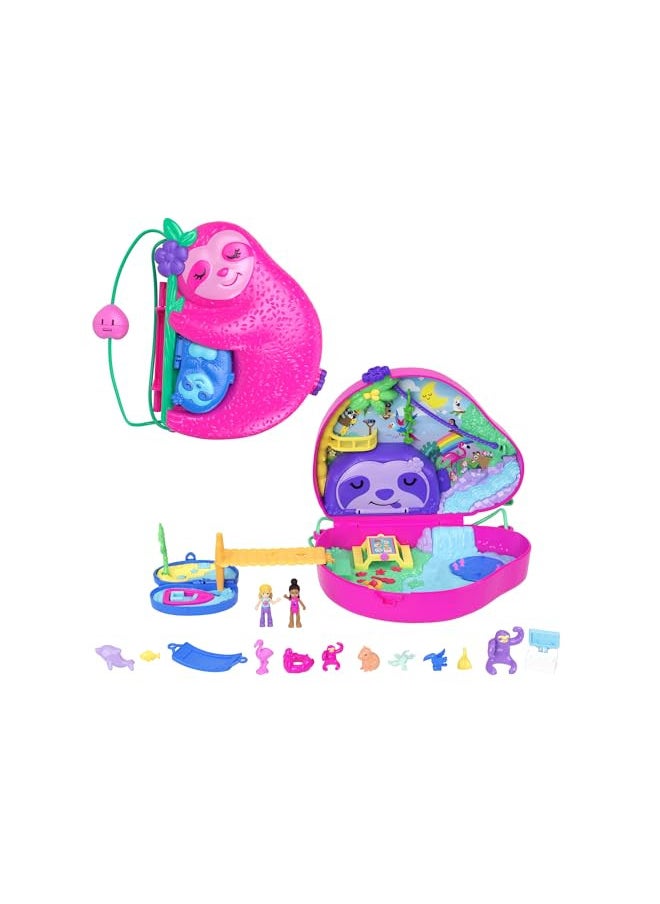 Polly Pocket Playset and Travel Toy with 2 Micro Dolls, Animal Toy, Sloth 2-in-1 Purse Compact