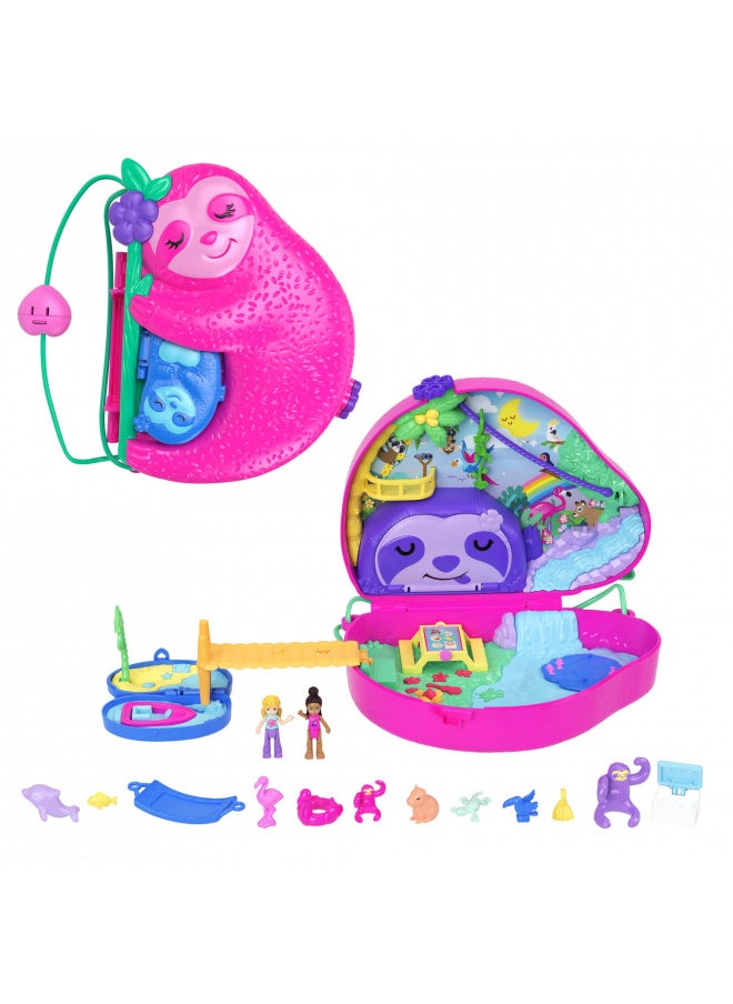 Polly Pocket Playset and Travel Toy with 2 Micro Dolls, Animal Toy, Sloth 2-in-1 Purse Compact