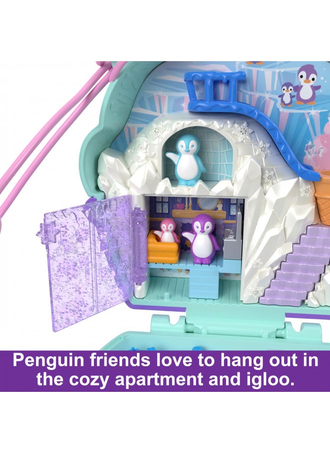 Polly Pocket Dolls and Playset, Travel Toy with Fidget Exterior, Snow Sweet Penguin Compact with 12 Accessories