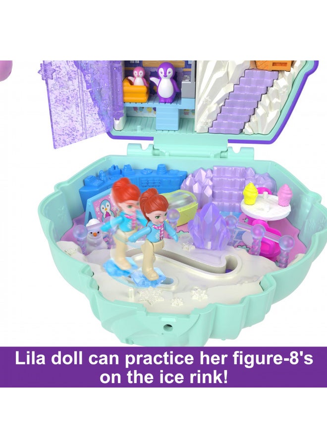 Polly Pocket Dolls and Playset, Travel Toy with Fidget Exterior, Snow Sweet Penguin Compact with 12 Accessories